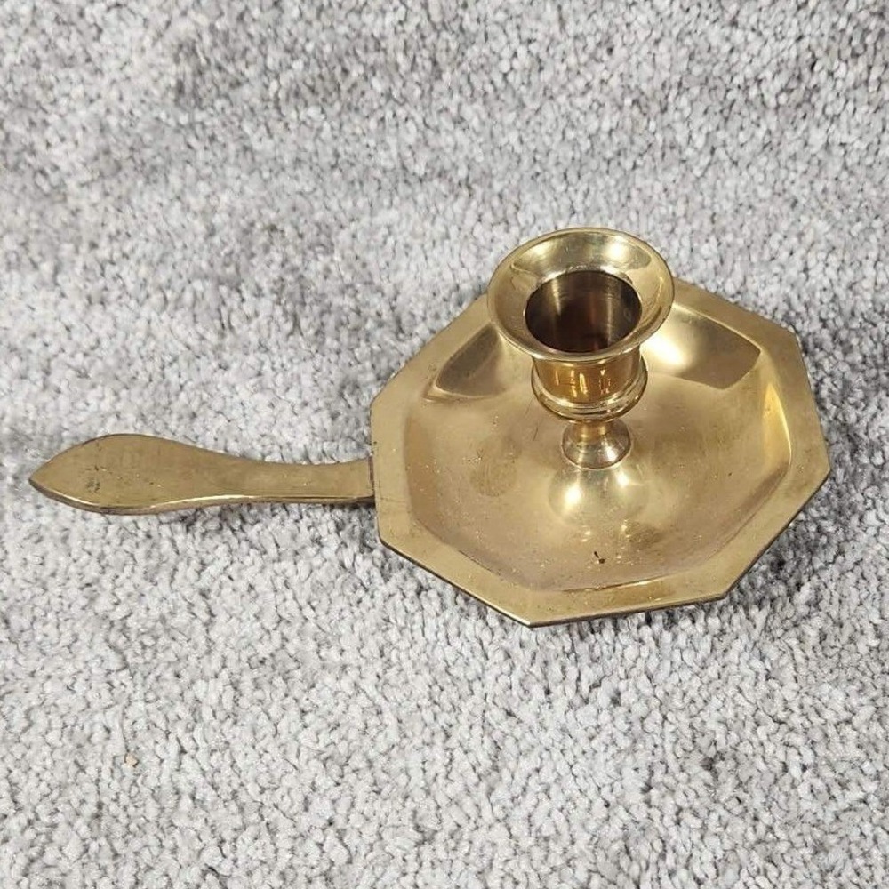 Chamberstick Candle Holder Gold Brass Octagonal Finger Handle‎